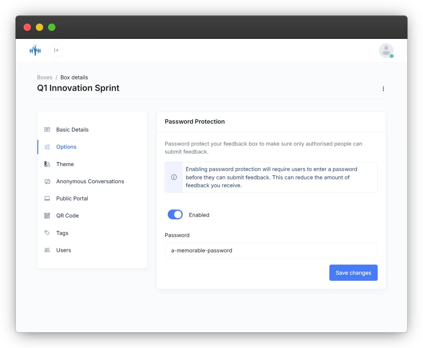 Screenshot showing how to enable password protection and specify the required password