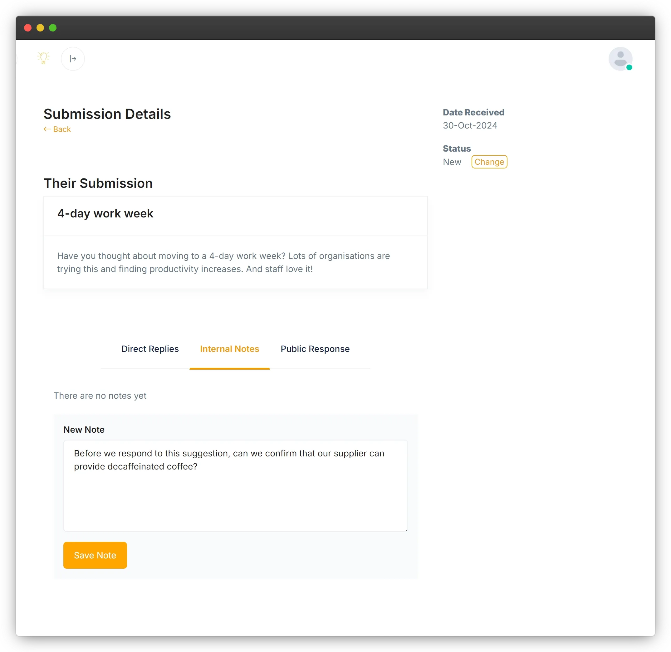 Screenshot showing a submission and the form to add a new note