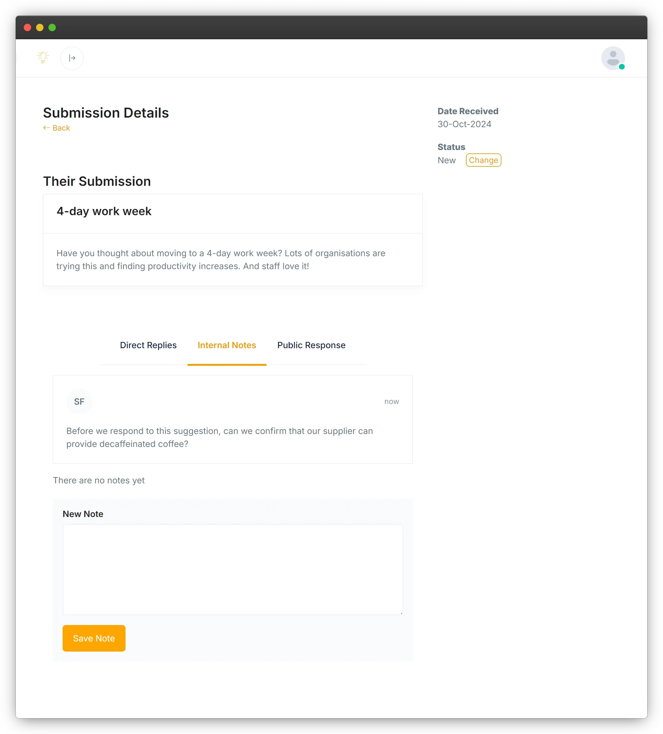 Screenshot showing a submission and the form to add a new note