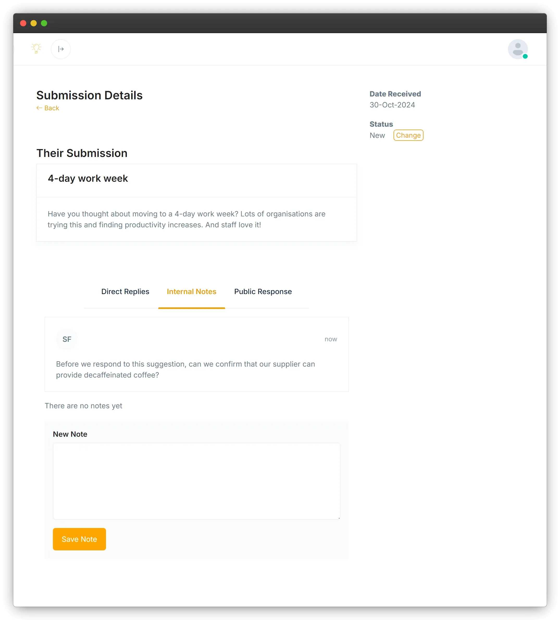 Screenshot showing a submission and the form to add a new note